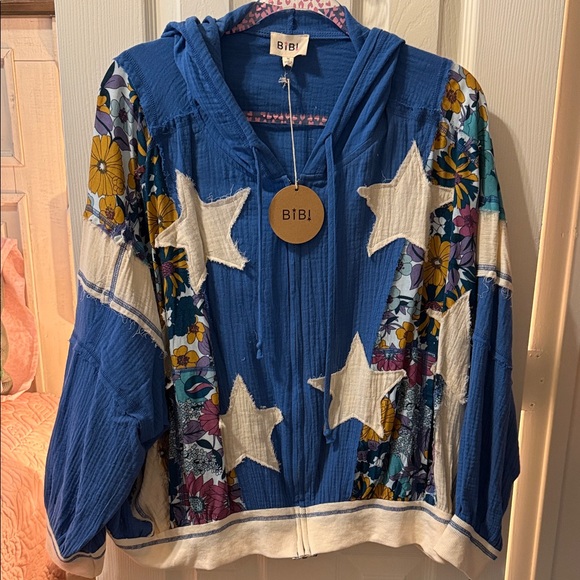 BiBi Jackets & Blazers - BiBi Royal Blue Star & Floral Patchwork Hoodie